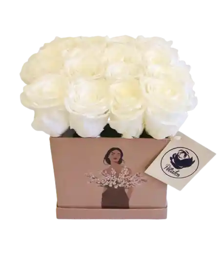 Caja Olivia De 16 Rosas Preservadas Blancas