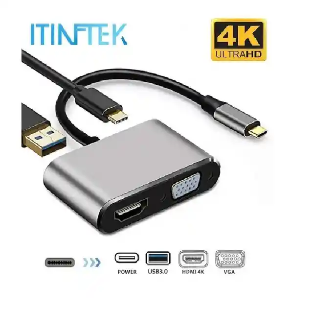 Adaptador Hub Tipo C 4 En 1 A Hdmi 4k, Vga, Usb 3.0, Usb C