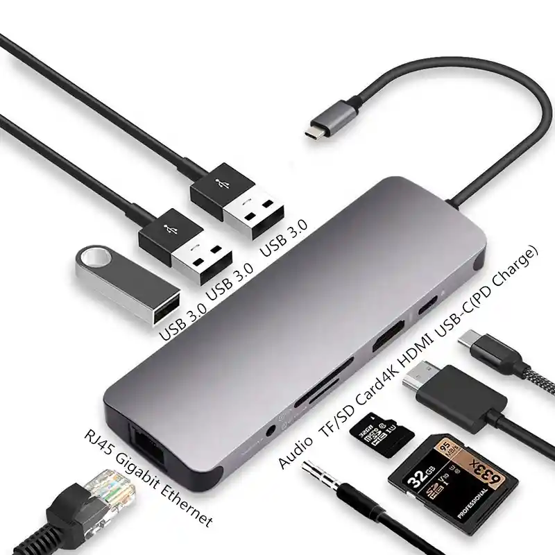 Adaptador Hub Tipo C 9 En 1 A Hdmi + Lan+usb 3.0*3+usb C+sd