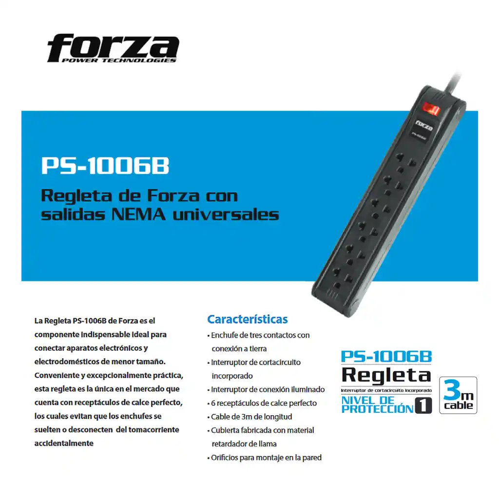 Regleta Forza Ps1006b Switch De Reposicion 6 Tomas / 3m Ts