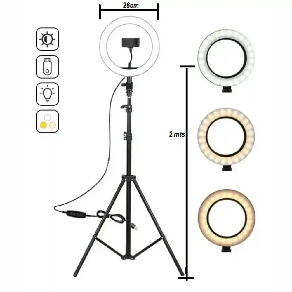 Aro De Luz 26 Cm Led Cálido Con Trípode Profesional 2 Mts