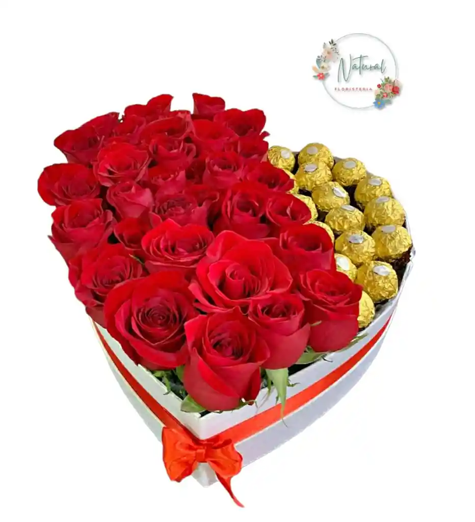 Corazón Blanco De 24 Rosas Y 16 Chocolates Ferrero