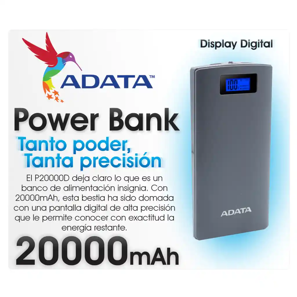 Cargador Portátil Power Bank 20000mah, Adata P20000d Gris