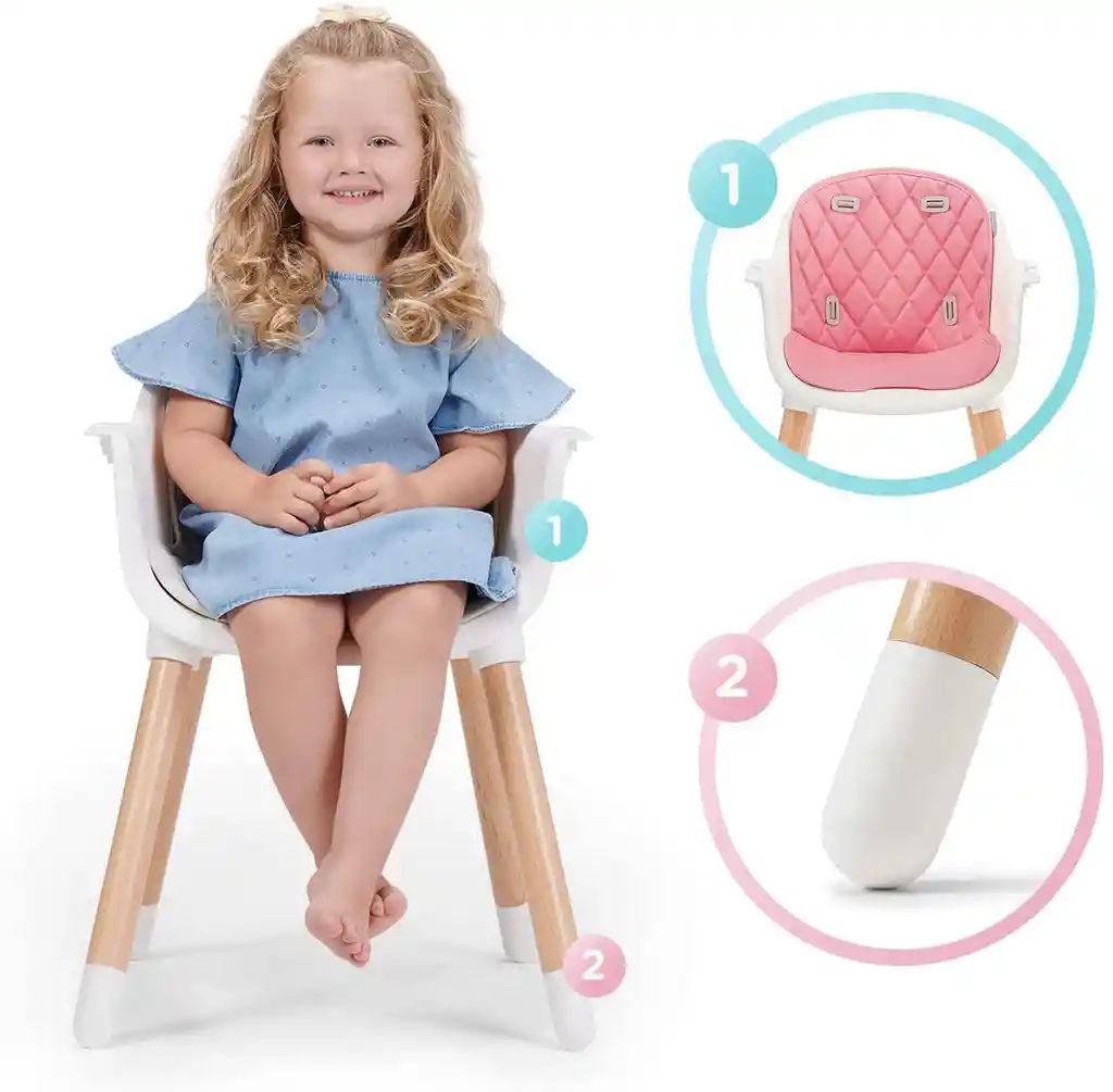 Silla Comedor Bebe Doble Altura Infantil Acolchado Ref. Super Lujo Deluxe Madera Rosada