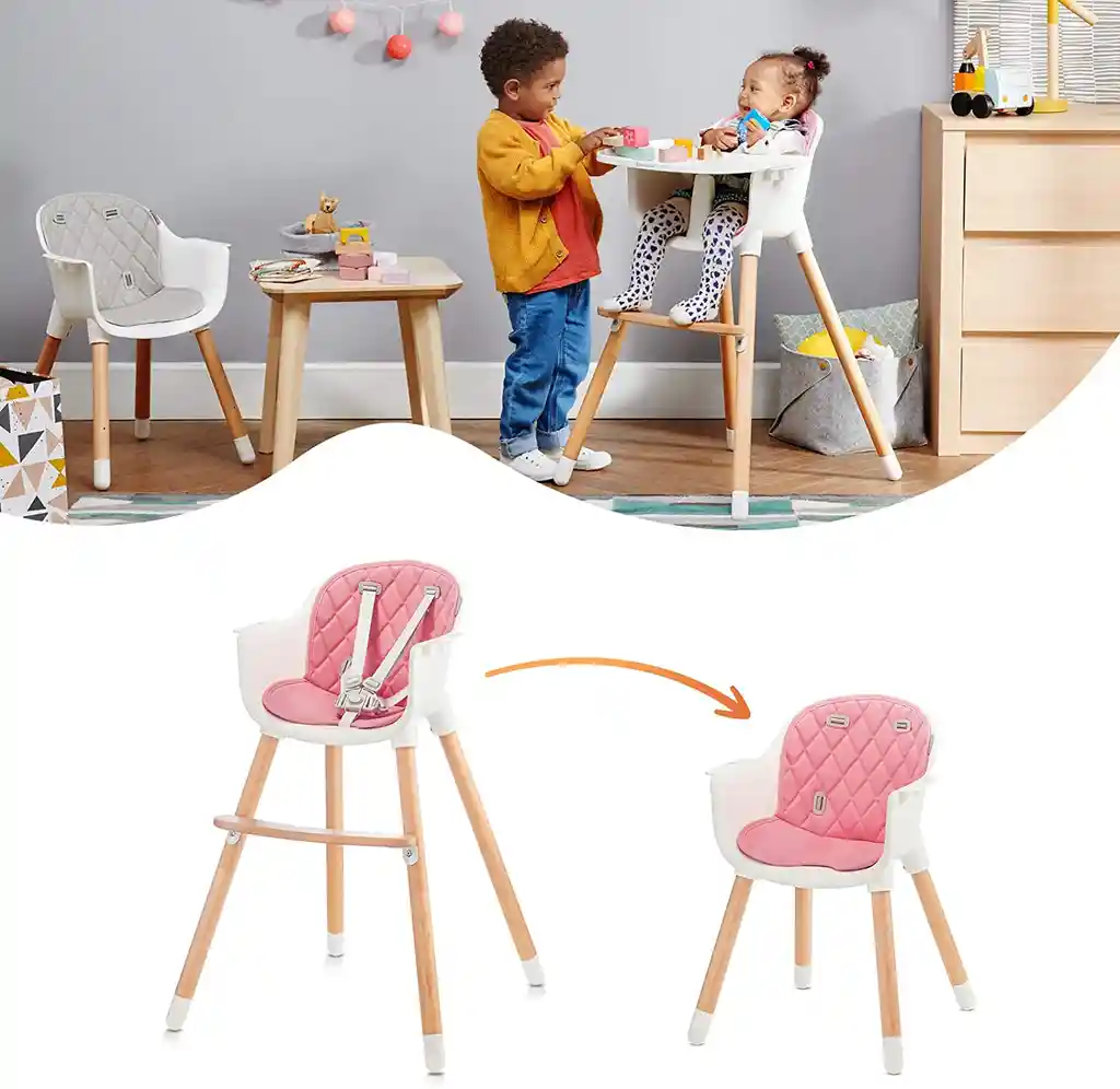 Silla Comedor Bebe Doble Altura Infantil Acolchado Ref. Super Lujo Deluxe Madera Rosada