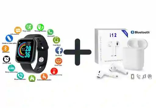 Combo Reloj Inteligente + Audífonos Inalámbricos Bluetooth Negro-blanco