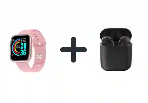 Combo Reloj Inteligente + Audífonos Inalámbricos Bluetooth Rosado + Negro