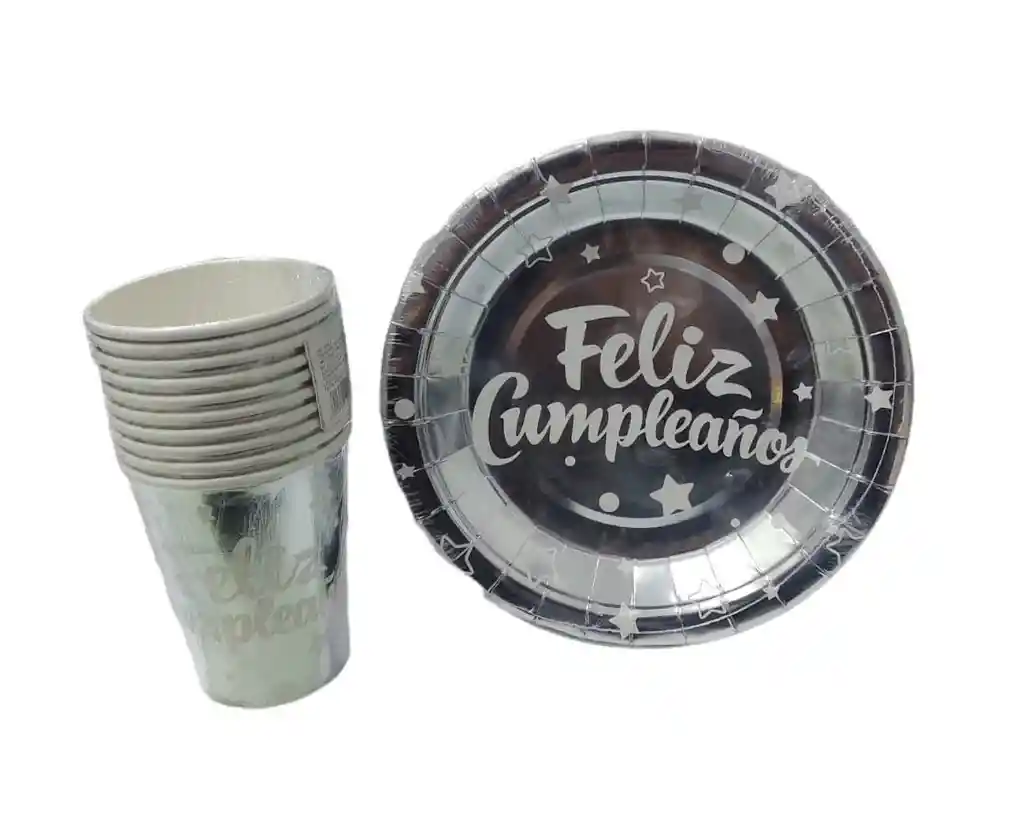 Platos Y Vasos Feliz Cumpleaños Plata X 10