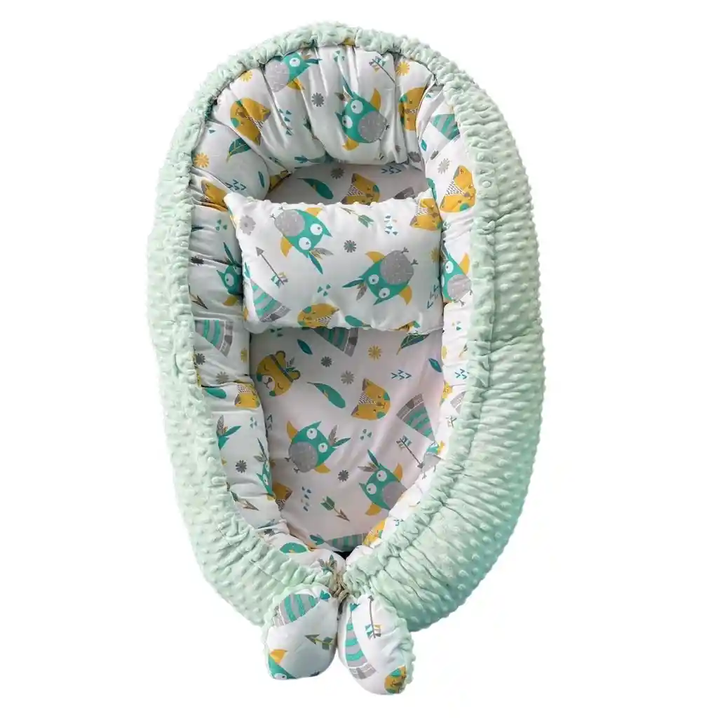 Cama Nido Para Bebé Con Almohada - Búhos, Verde