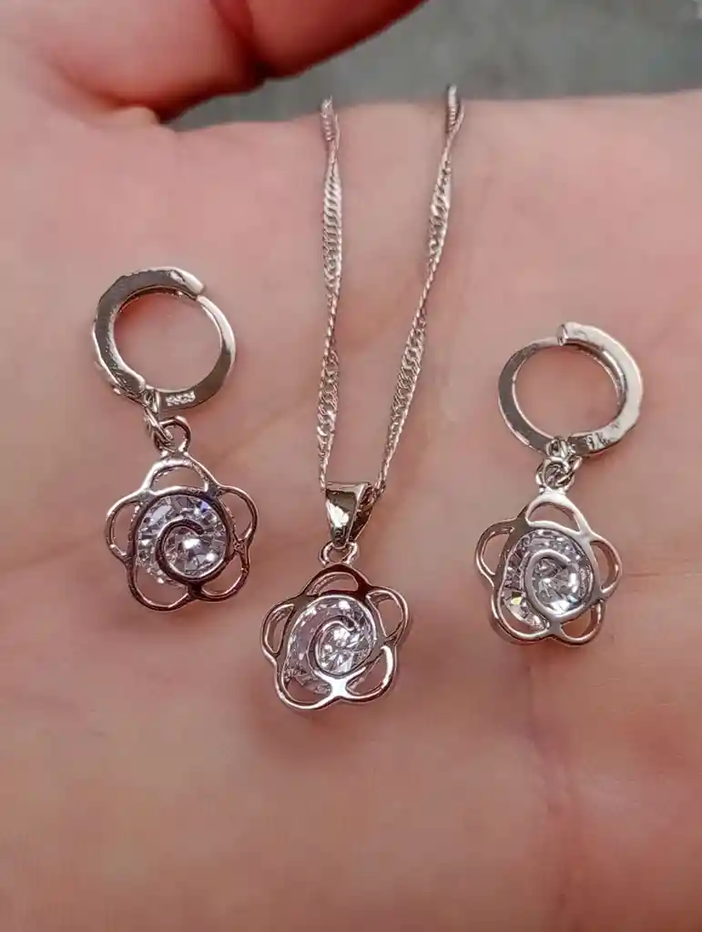 Juego Joyeria De Plata 925, Aretes Con Cadena Y Dije