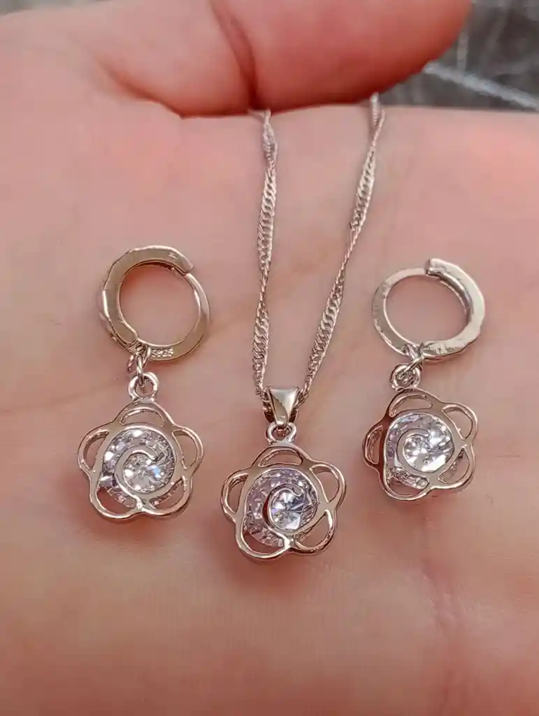 Juego Joyeria De Plata 925, Aretes Con Cadena Y Dije