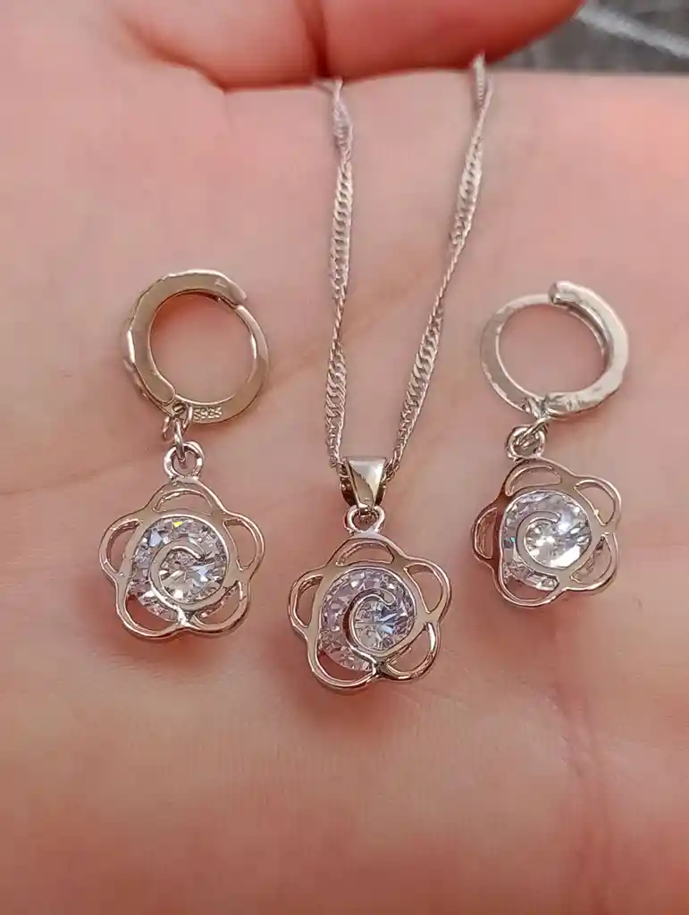 Juego Joyeria De Plata 925, Aretes Con Cadena Y Dije