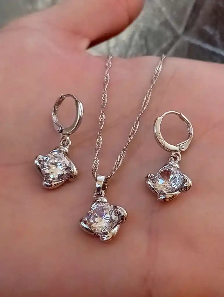 Juego Joyeria De Plata 925, Aretes Con Cadena Y Dije