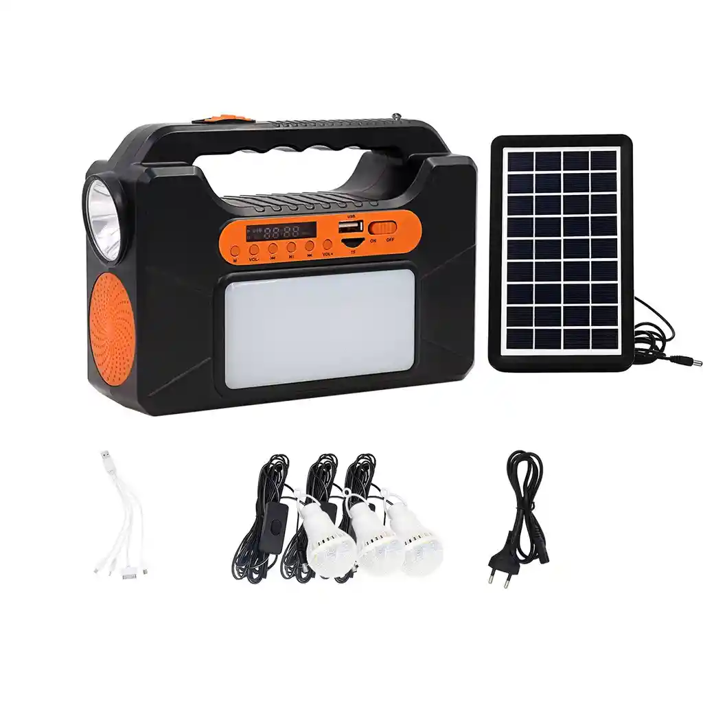 Kit Panel Solar Parlante Bt Cargador Usb Lámpara Linterna Fm