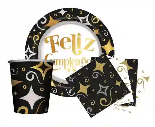 Set Platos, Vasos Y Servilletas X8 Dorado/negro