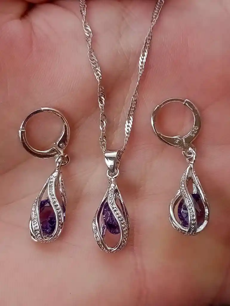 Aretes Cadena Y Dije En Plata 925; Con Bolsa De Regalo; Juego (jdp327)