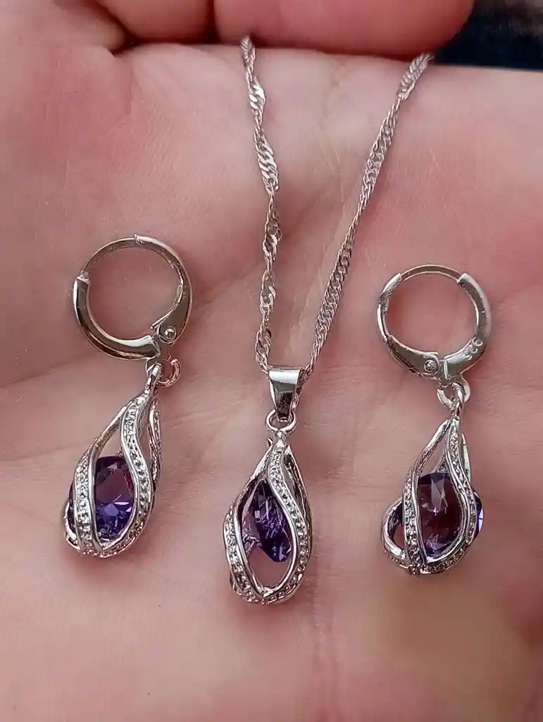 Aretes Cadena Y Dije En Plata 925; Con Bolsa De Regalo; Juego (jdp327)