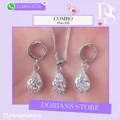 Aretes Cadena Y Dije En Plata 925; Con Bolsa De Regalo; Juego (jdp233)