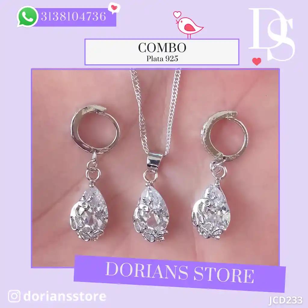 Aretes Cadena Y Dije En Plata 925; Con Bolsa De Regalo; Juego (jdp233)