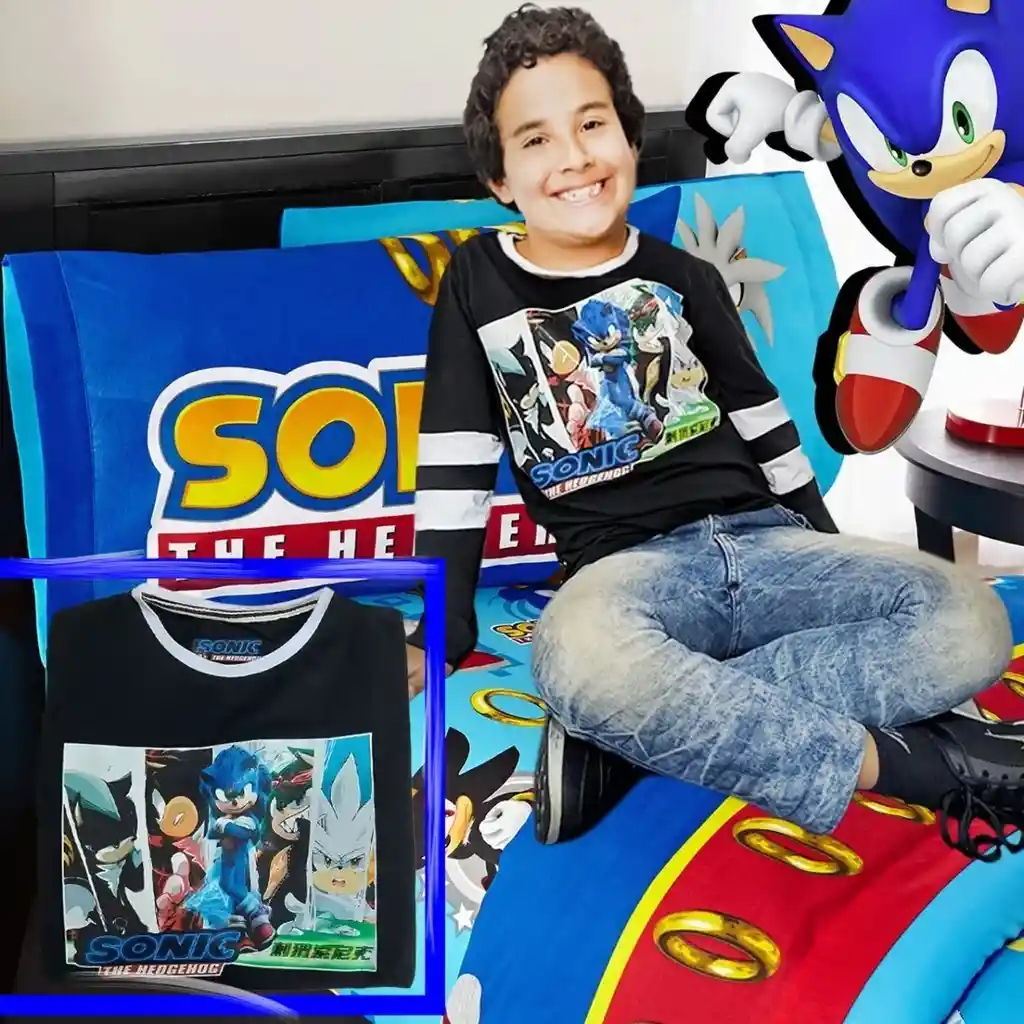 Sonic Camibuzo Talla 8 Niño Negra Con Rallas Blancas