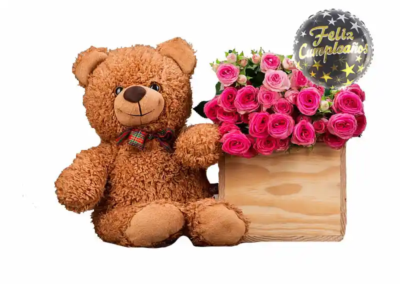 Rosas En Caja Con Peluche Y Globo Feliz Cumpleaños