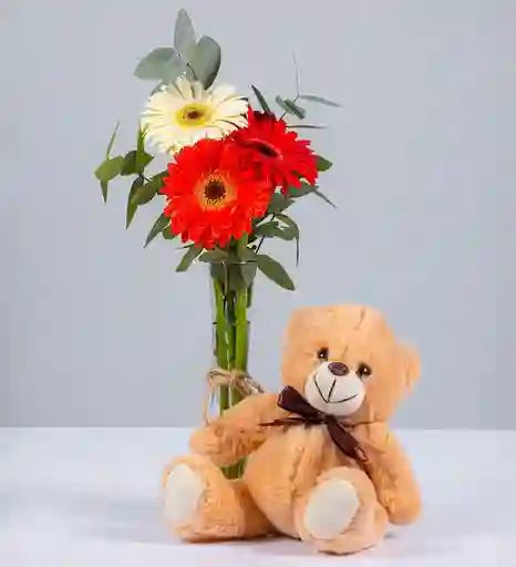 Gerberas En Jarrón Con Peluche Dulce Amor