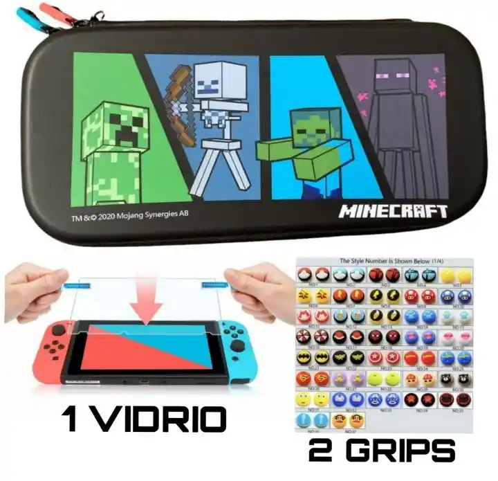 Estuche De Edicion Minecraft + Vidrio + 2 Grips Para Nintendo Switch Estandar