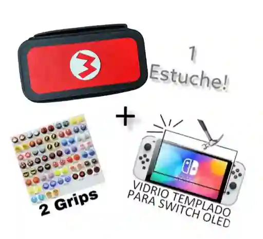 Estuche Nintendo Switch Oled Diseño Mario M + Vidrio Templado + 2 Gomas Protectoras Para Joycon