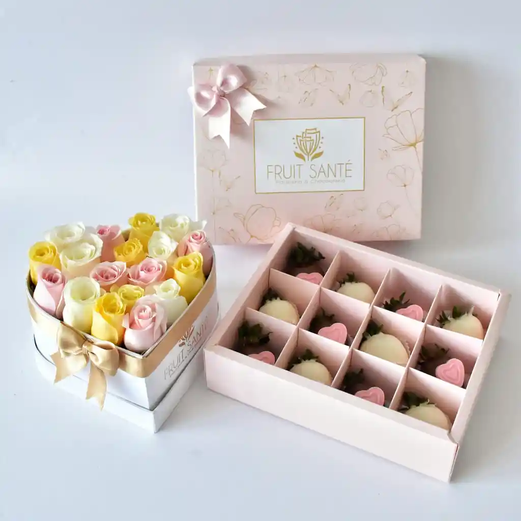 Corazón De Rosas Tonos Pasteles Y Caja Luxury De Fresas Premium Con Chocolate