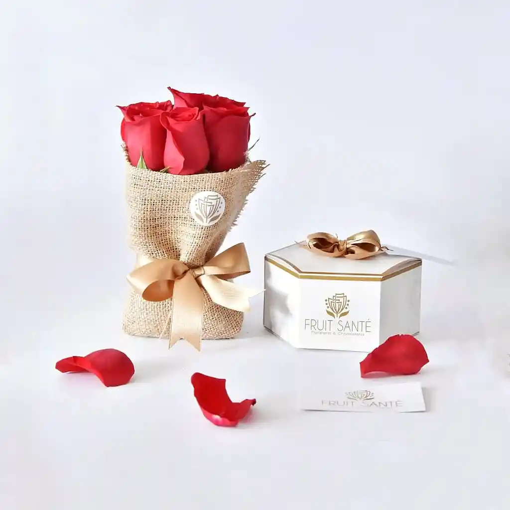 Mini Bouquet De Rosas Rojas + 3 Fresas Premium Con Chocolate