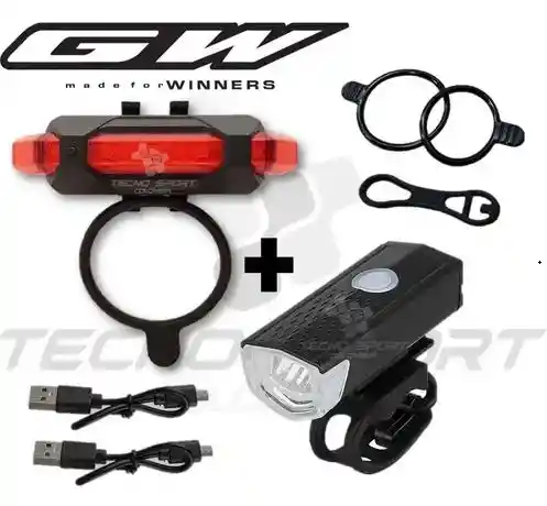 Combo Luz Gw Bicicleta Delantera Trasera Recargable Usb