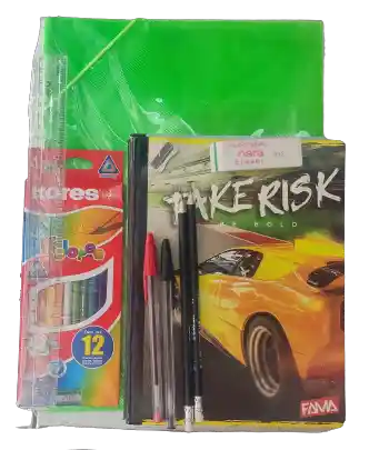 Kit Escolar Niño (6 Cuadernos Cosidos, 2 Lapices, 1 Caja Color Kores X12, 1 Regla Plastica 30cm, 1 Tajalapiz Metalico, 1 Borrador Nata, 1 Esfero Negro, 1 Esfero Rojo, 1 Carpeta Plastica Cauchos)