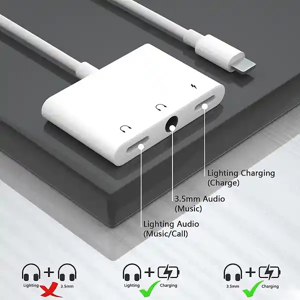 Adaptador Lightning Para Iphone Audífonos Carga 3 En 1 Convertidor Genérico Jack 35mm Ipad