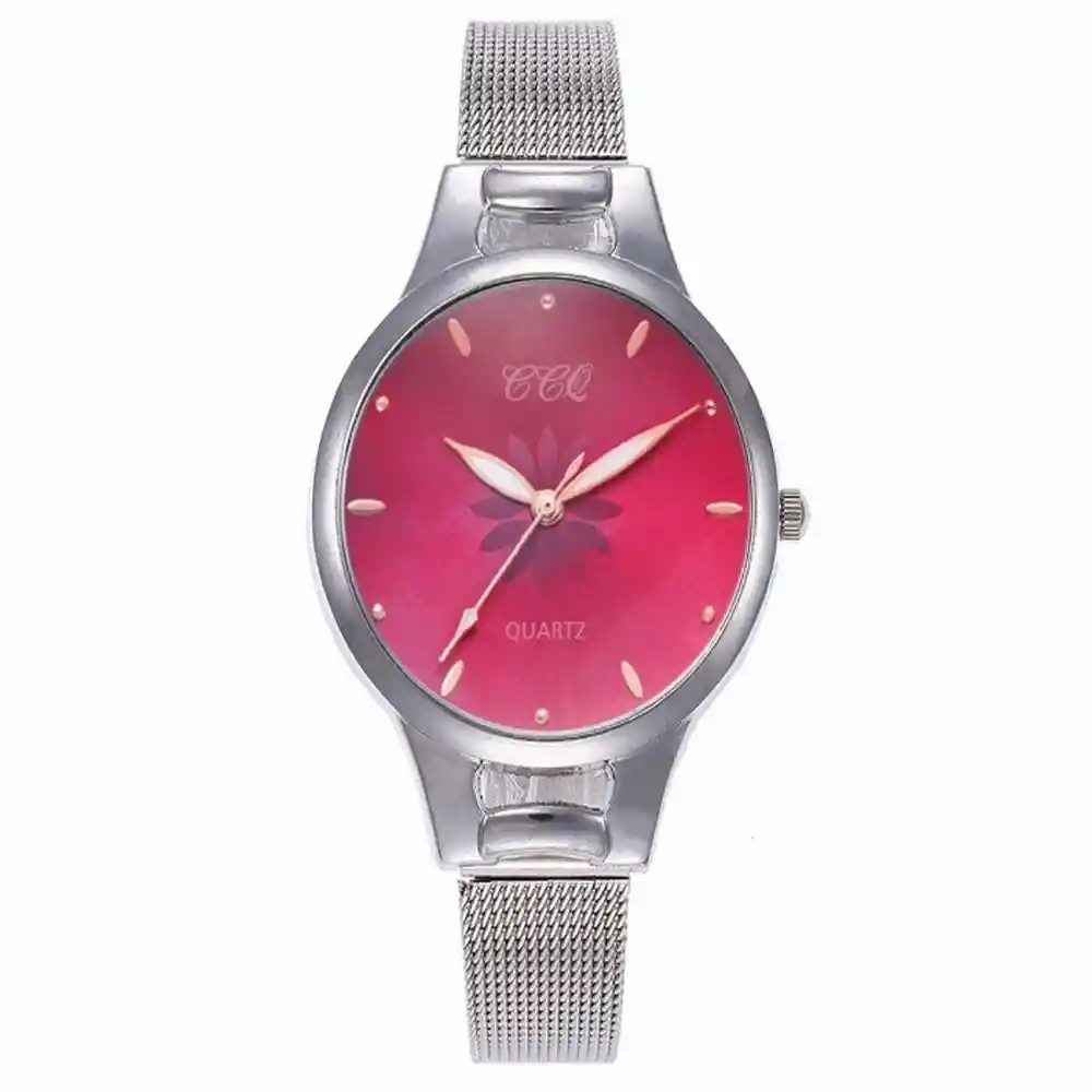 Reloj Plateado Con Tablero Fucsia De Flor