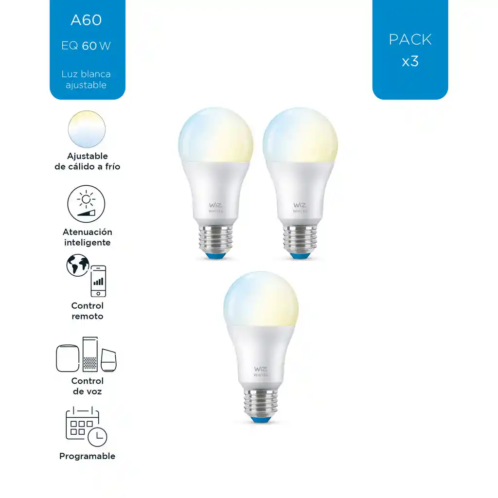 Wiz Bombillo Led Inteligente A19 Wi-fi Luz Fria Y Calida Pack X3