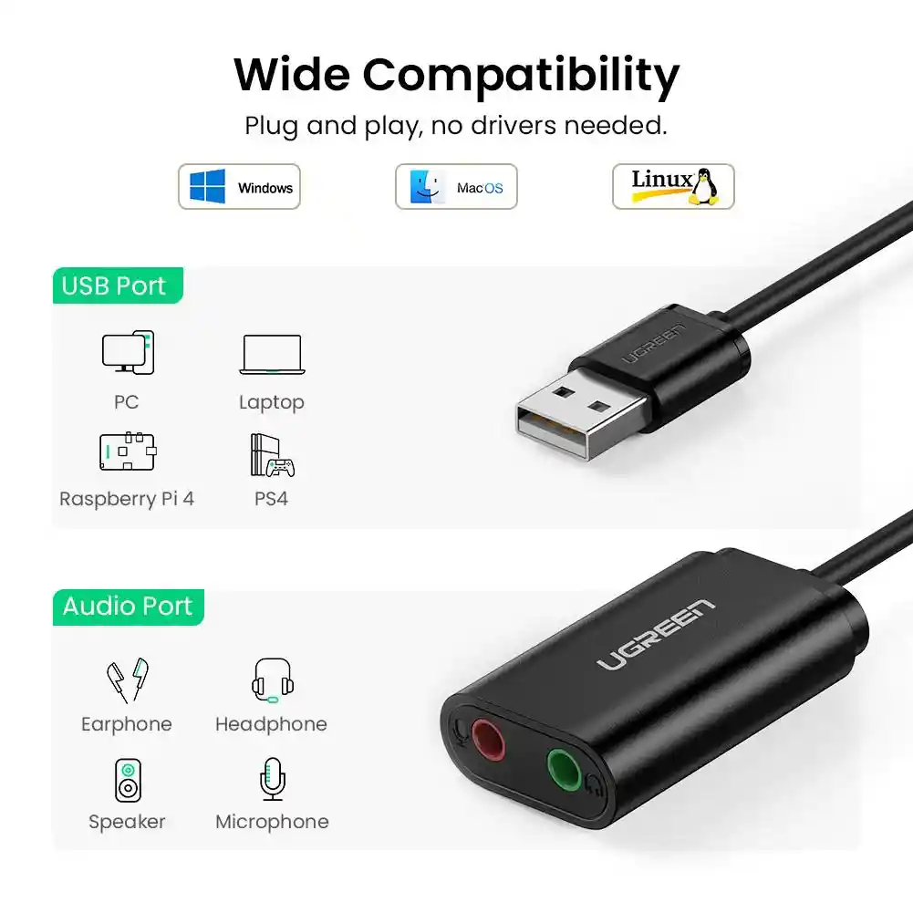 Adaptador De Sonido Estéreo Externo Usb-a Ugreen 40964