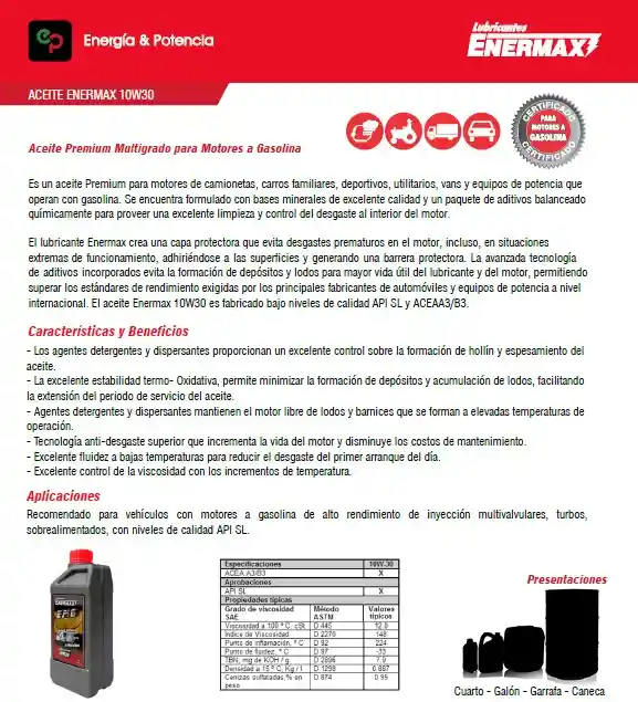 Aceite Enermax 10w30 Motor - Cuarto
