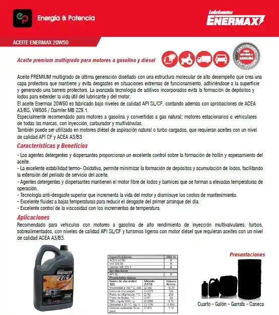Aceite Enermax 20w50 Motor - Cuarto