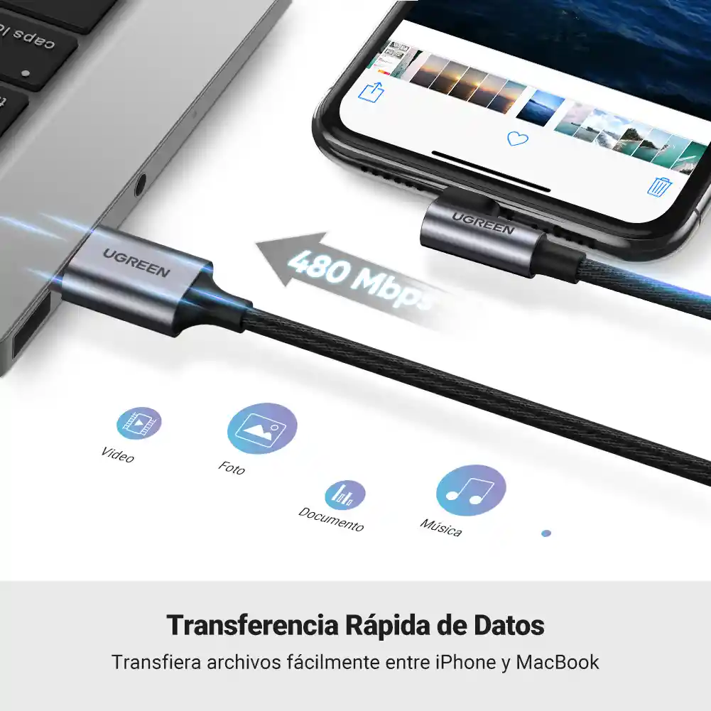 Cable Lightning A Usb 2.0 Ángulo De 90° 1mt Ugreen 60521