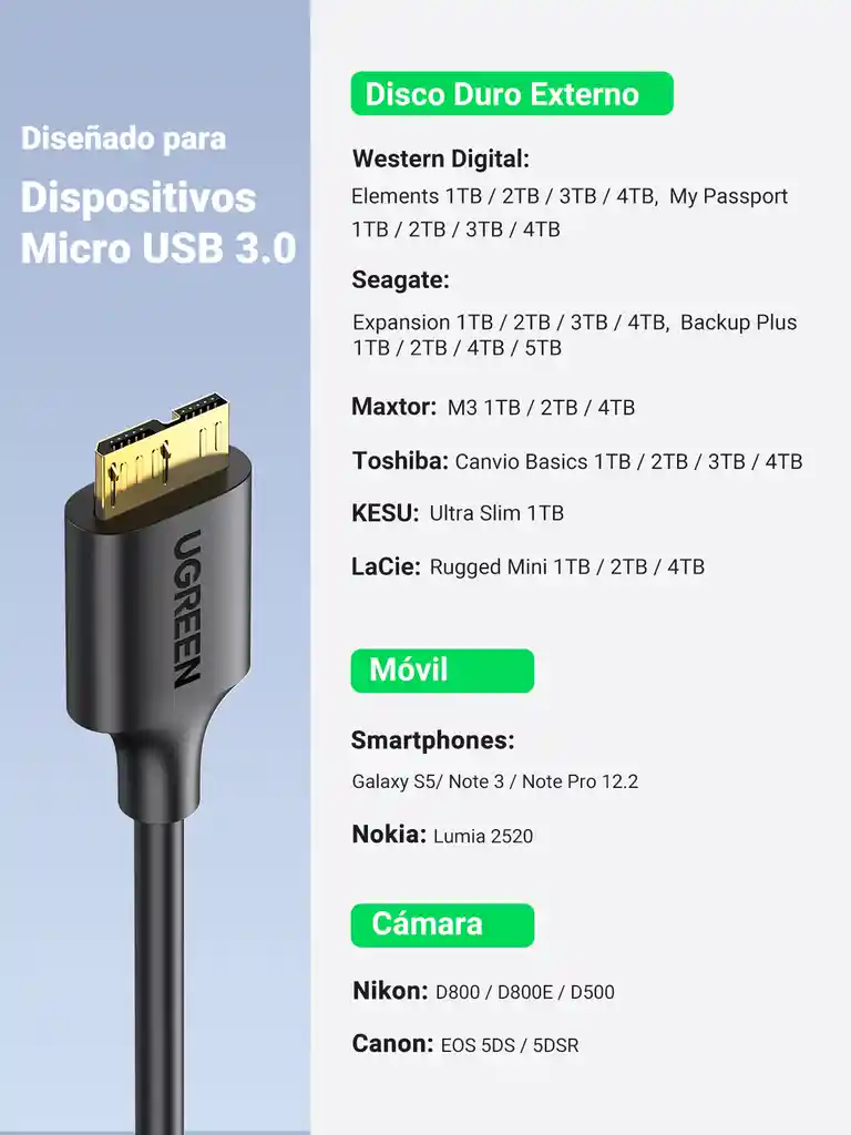 Cable Micro Usb 3.0 A Usb-a De Disco Duro 1mt Ugreen 10841
