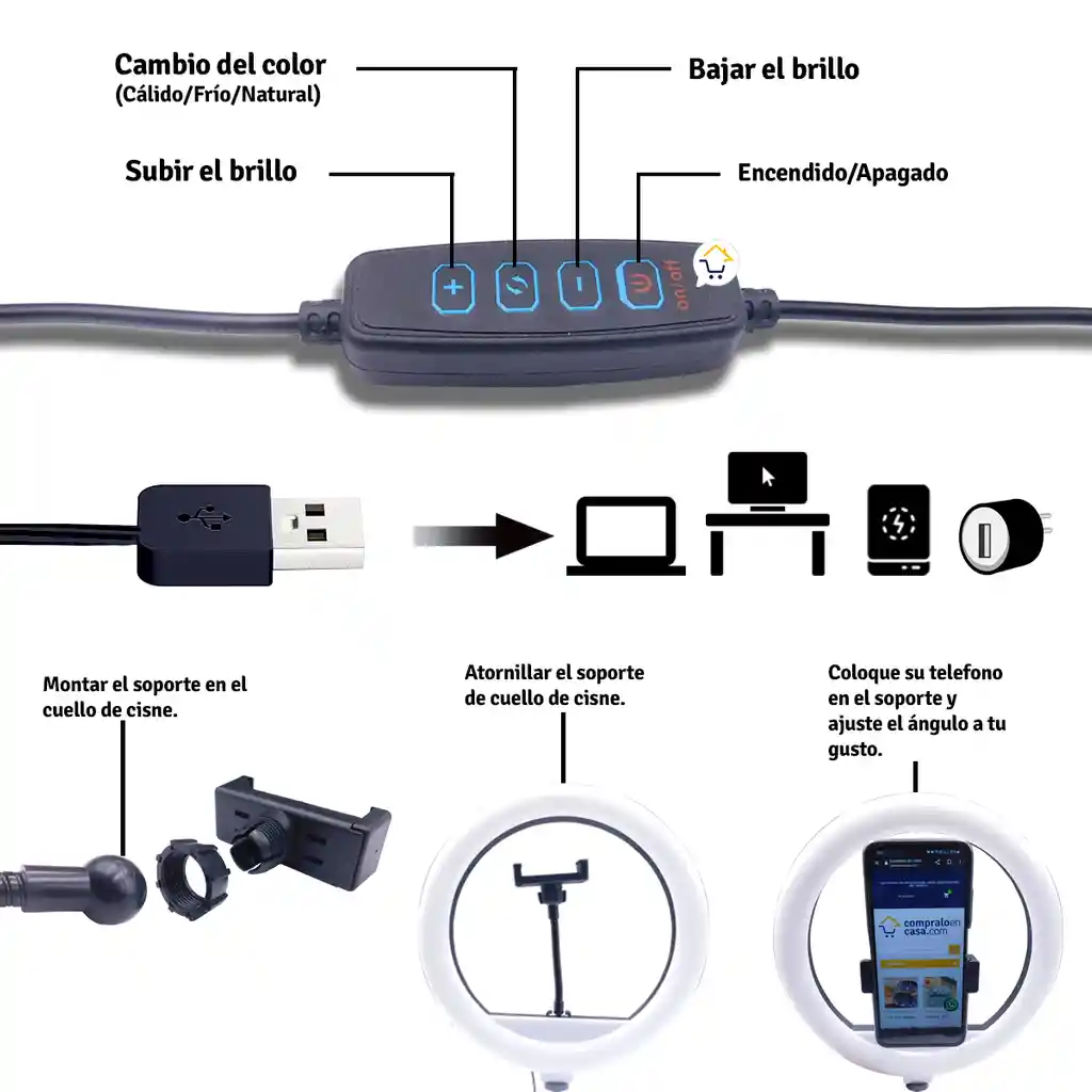 Aro De Luz Led Grande 30 Cm Trípode Graduable Base Celular