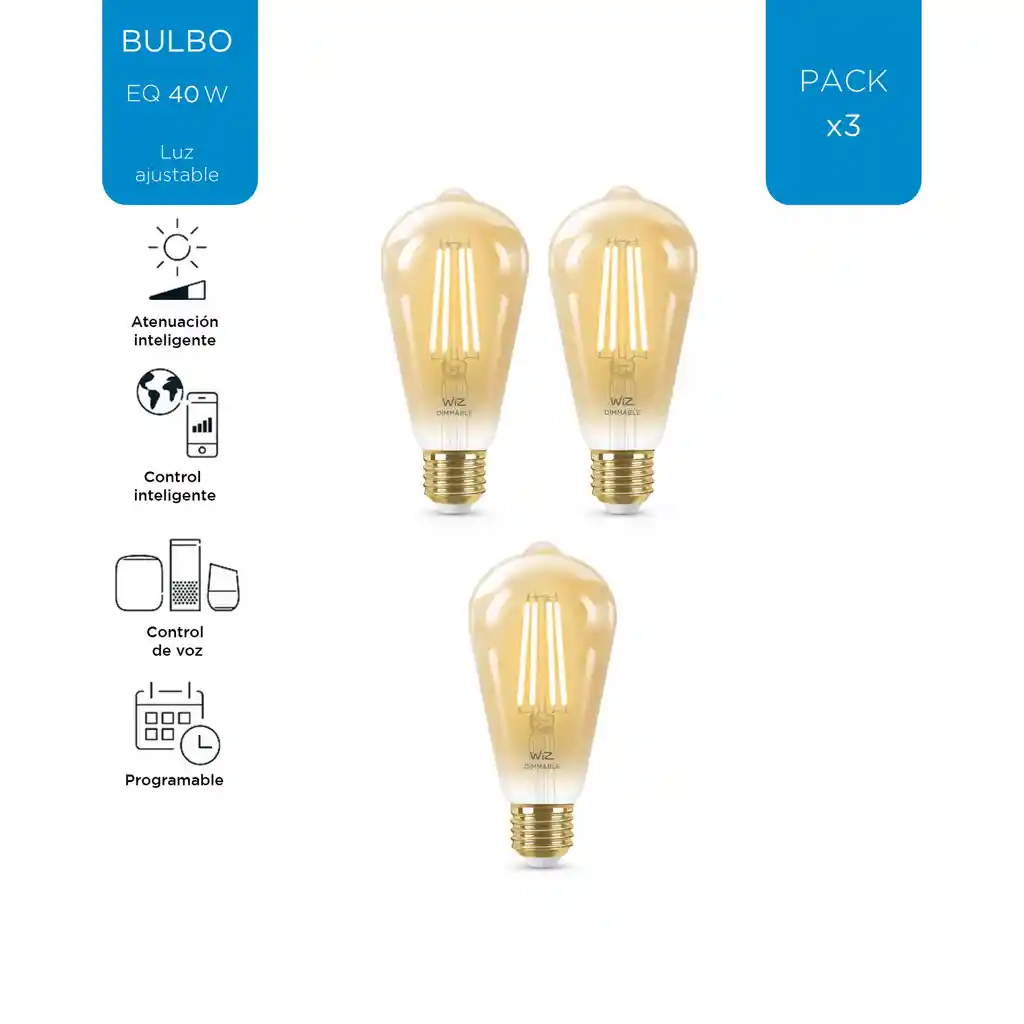 Wiz Kitx3 Bombillo Led Tipo Vintage Inteligente St19 Luz Calida