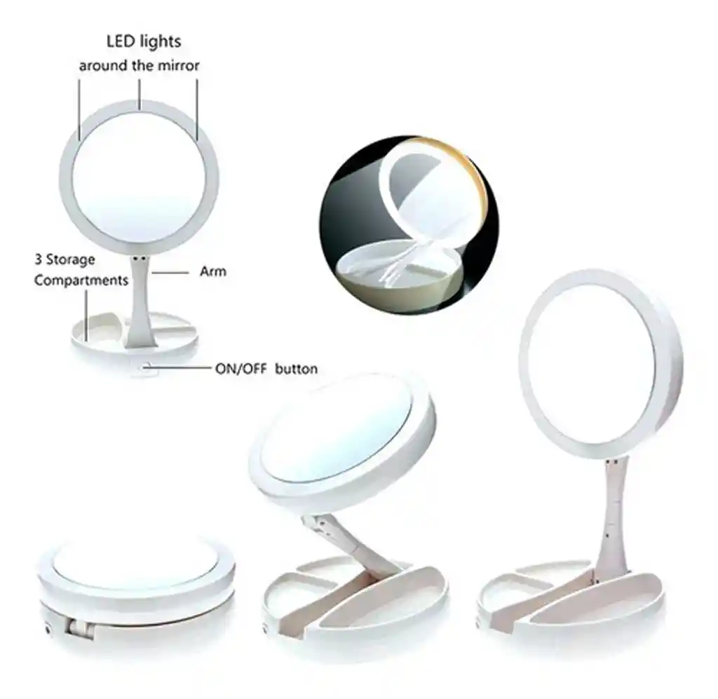 Espejo De Maquillaje Led Tocador Luz Doble Cara Aumento