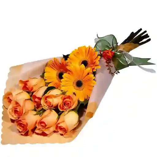Rosas Naranjas Con Gerberas Amarillas