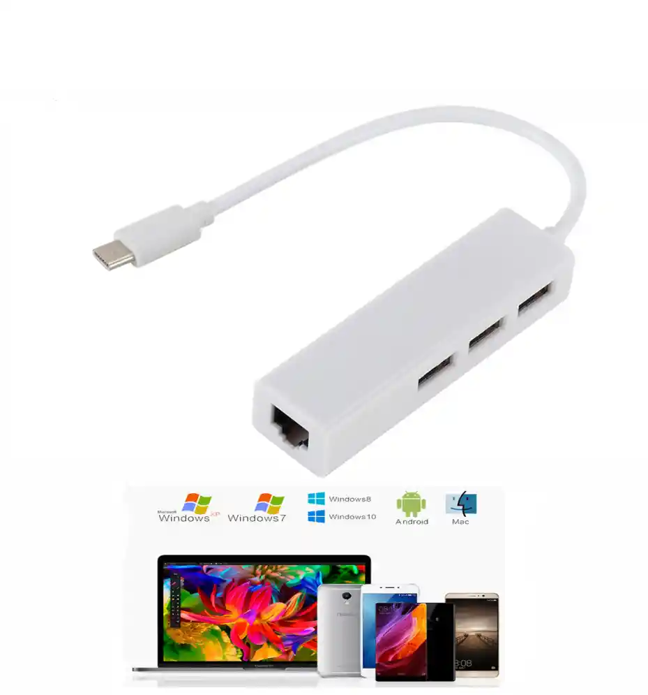 Adaptador De Usb Tipo C A A Rj45 Base 100+ 3 Puertos Usb 2.0