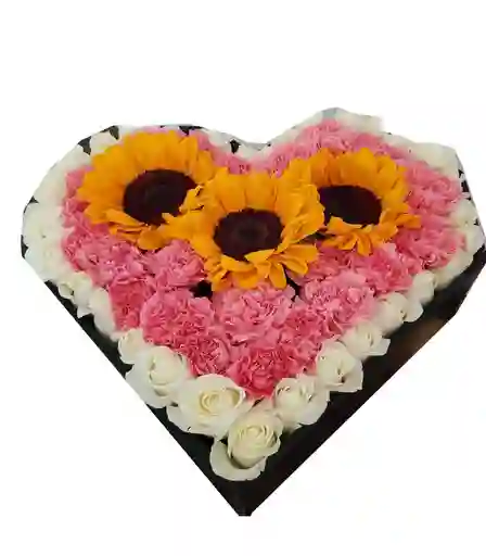 Girasoles, Rosas Blancas , Clavel Rosado En Caja De Corazón