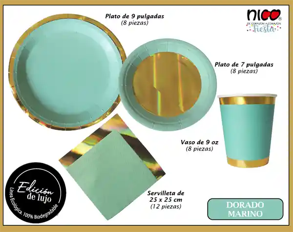 Nico Kit Fiesta Edición Lujo-dorado Marino- Con Vasos, Platos Y Servilletas. Ecológicos. (8 Personas)