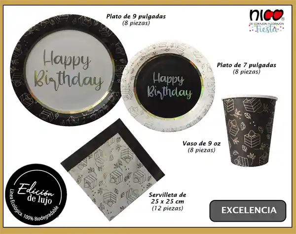 Nico Kit Fiesta Edición Lujo-excelencia- Con Vasos, Platos Y Servilletas. Ecológicos. (8 Personas)