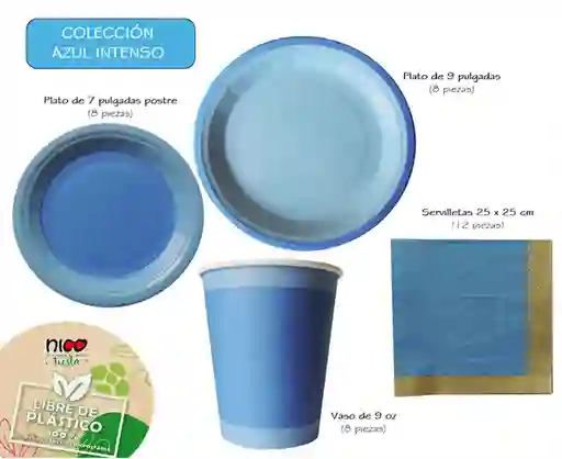 Nico Kit Fiesta -azul Intenso- Con Vasos, Platos Y Servilletas. 100% Ecológicos. (8 Personas)