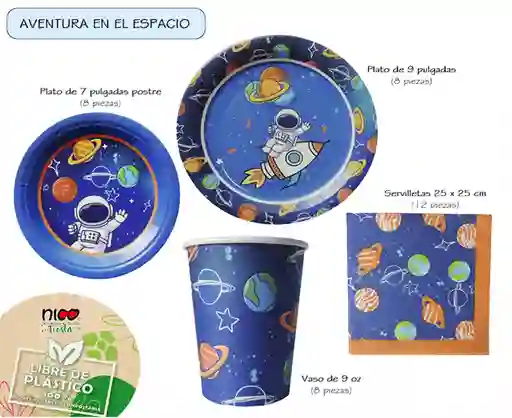 Nico Kit Fiesta -aventura En El Espacio- Con Vasos, Platos Y Servilletas. 100% Ecológicos. (8 Personas)